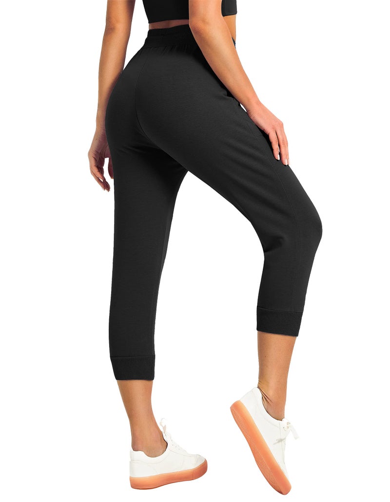 SPECIALMAGIC Women's Sweatpants Cropped Jogger French Terry Running Pants Lounge Loose Fit Drawstring Waist with Side Pockets Black M - Image 3